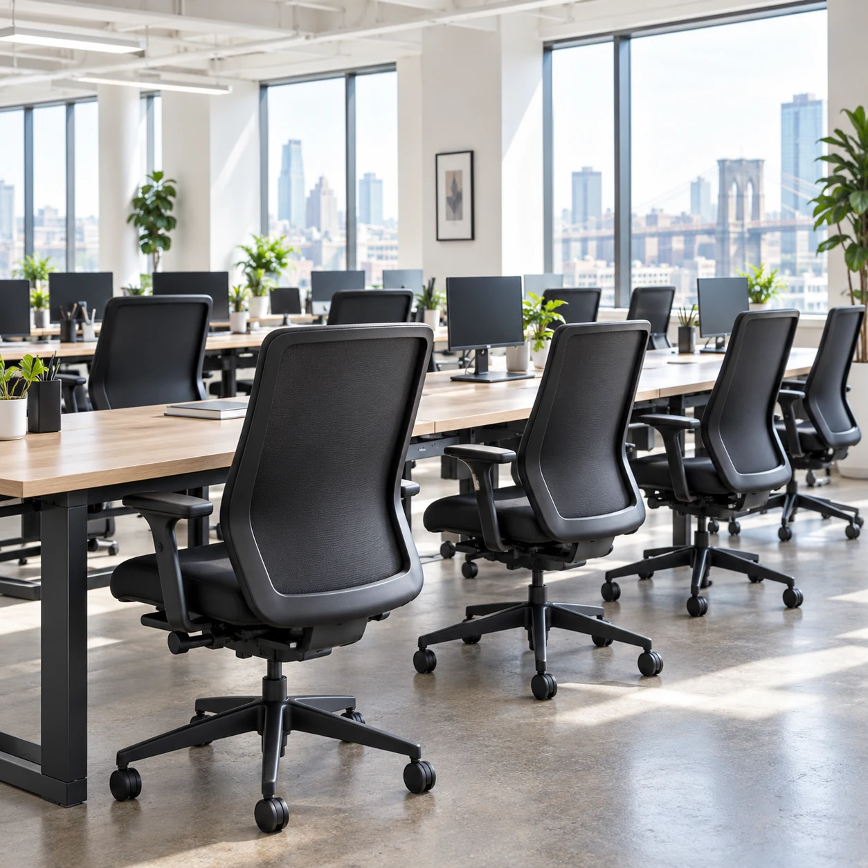 Mesh-backed task chairs along a long open plan bench desk
