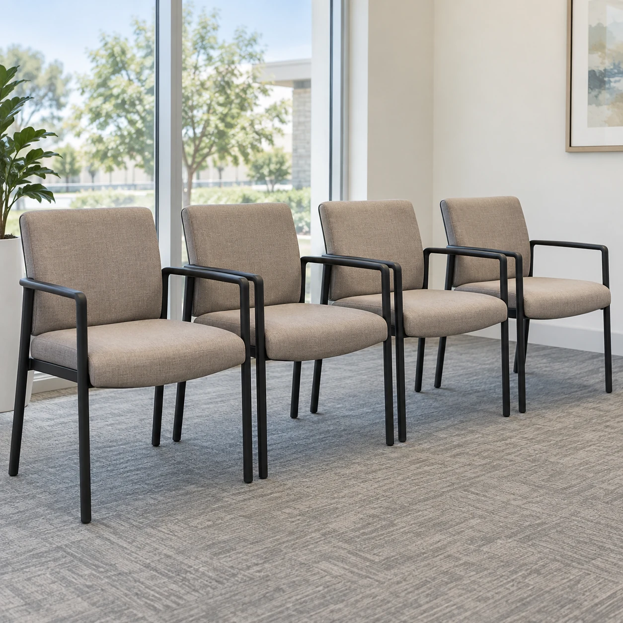 Row of tan guest chairs in an office reception area