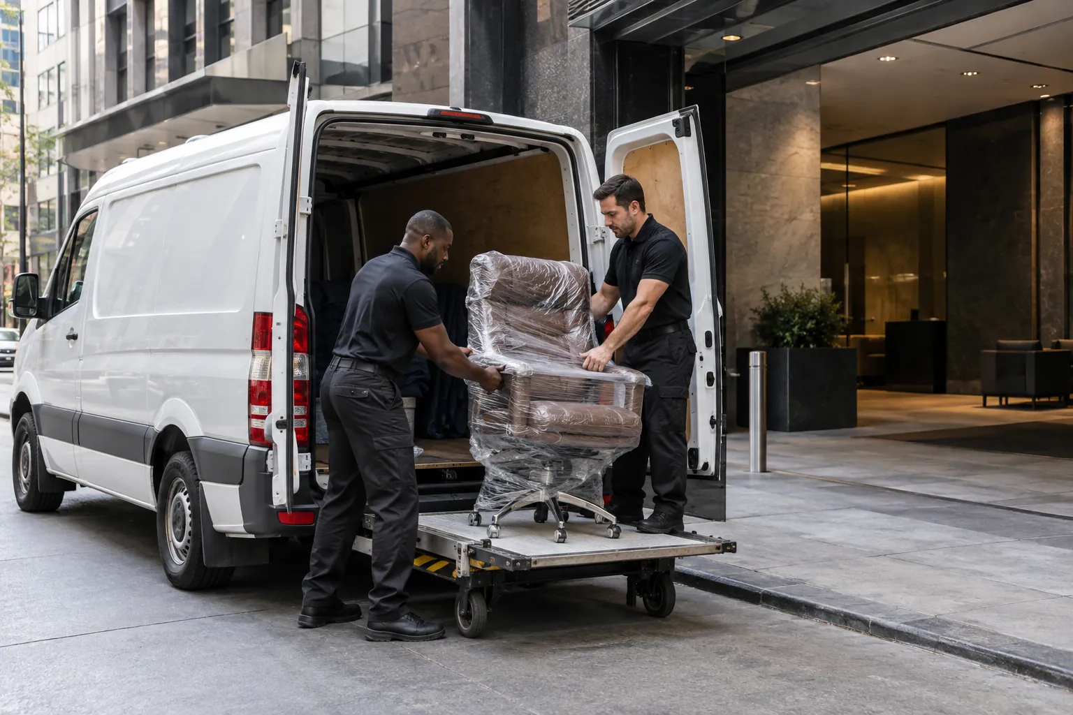 Wrapped office chair loaded into a van