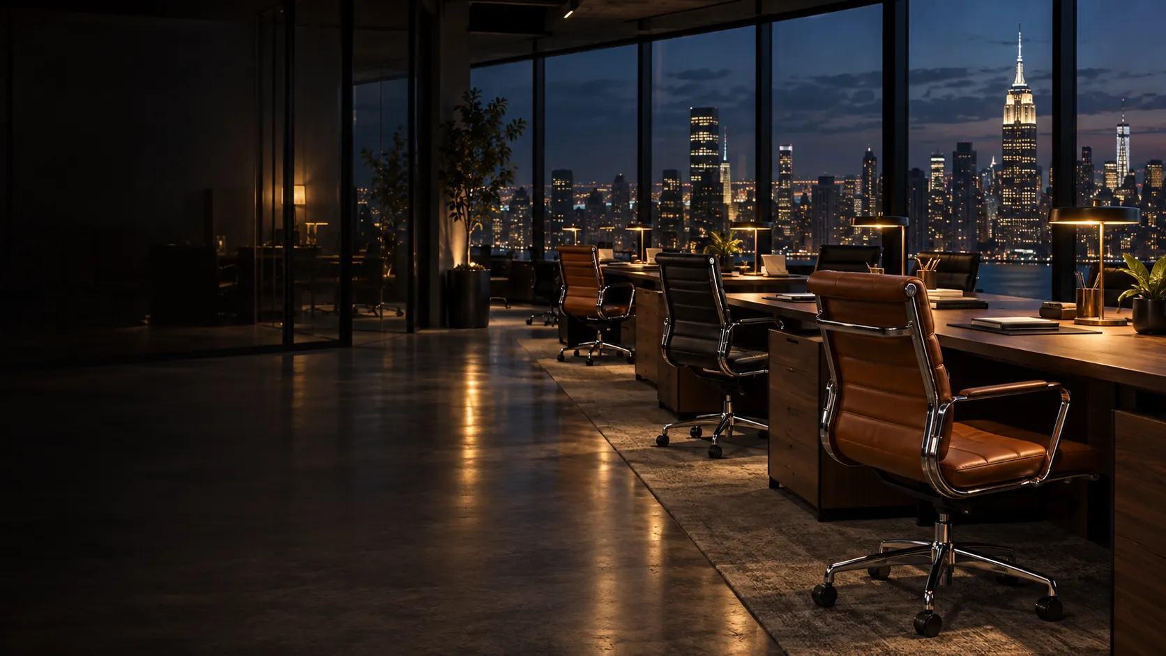Office floor at night with leather chairs