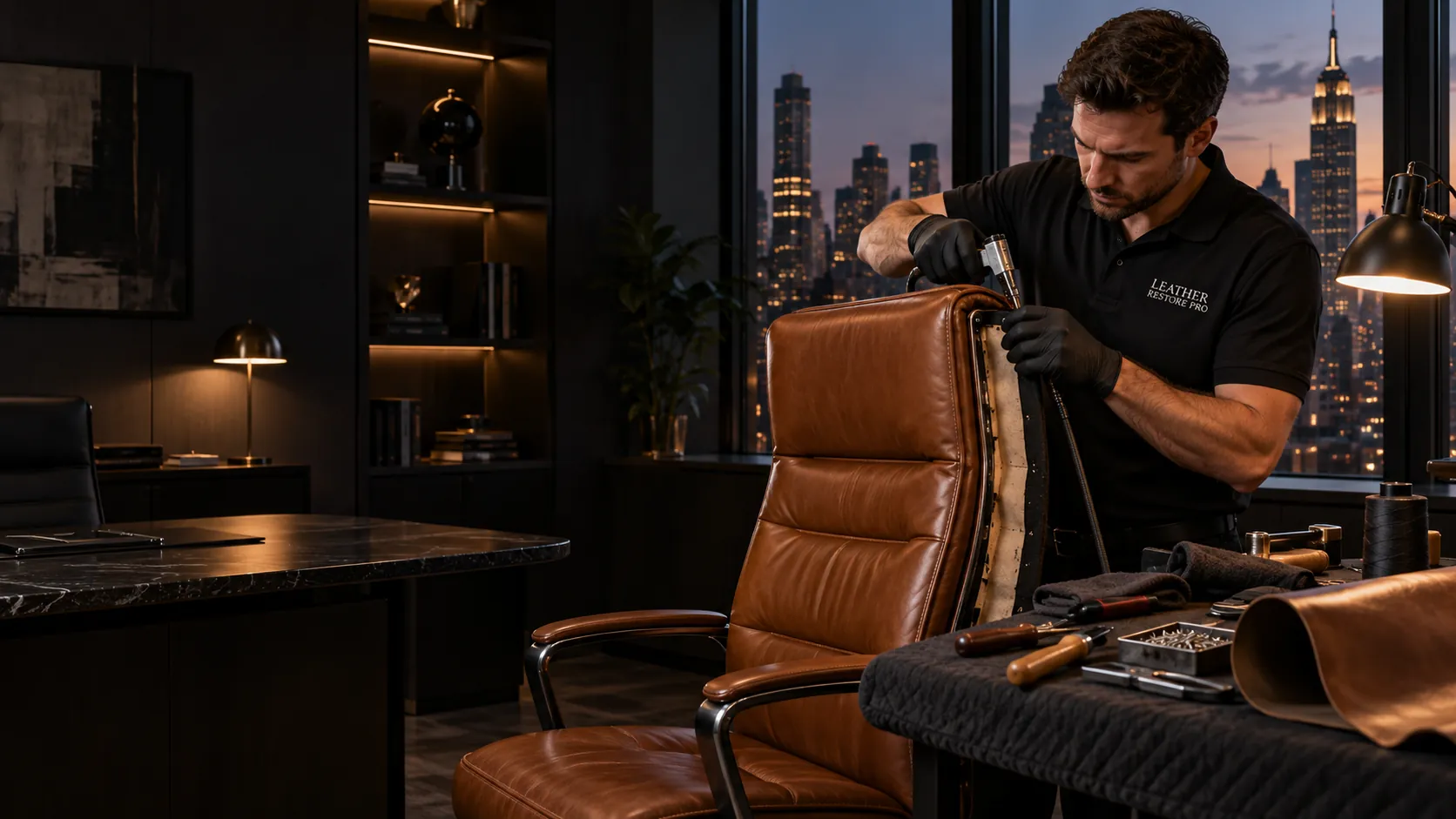 Office furniture reupholstery NYC: a Leather Restore PRO technician fits new cognac leather on an executive chair