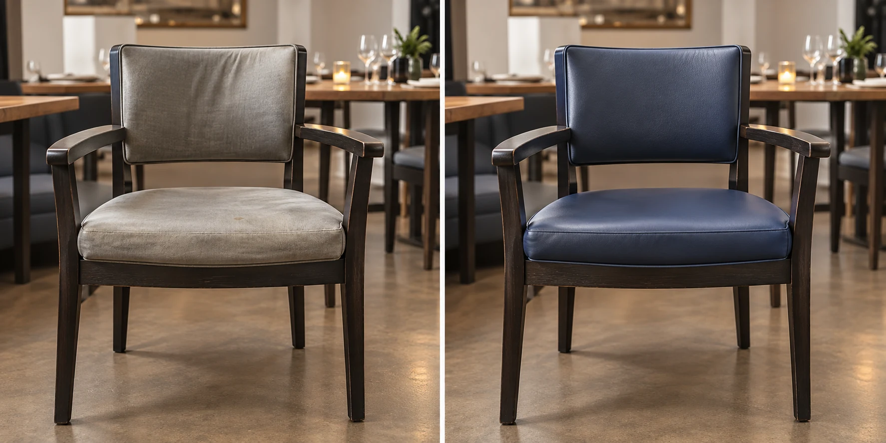 Office guest chair seat cushion replacement NYC before and after, worn grey fabric rebuilt in navy leather