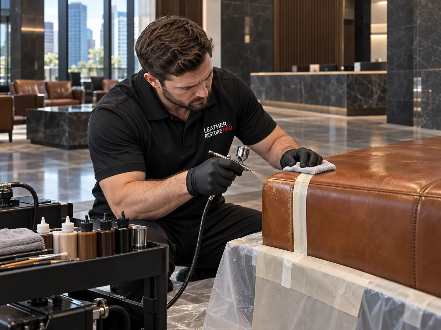 Technician repairing a leather bench on site