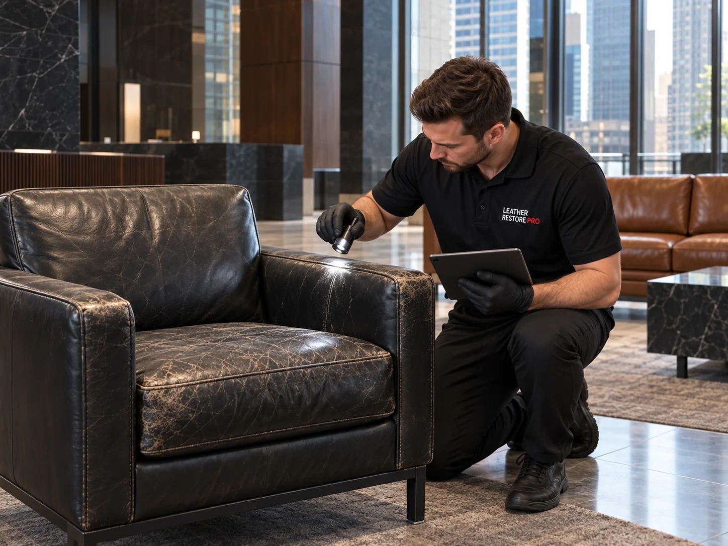 Furniture repair Midtown East: a technician checking a worn leather chair in an office lobby