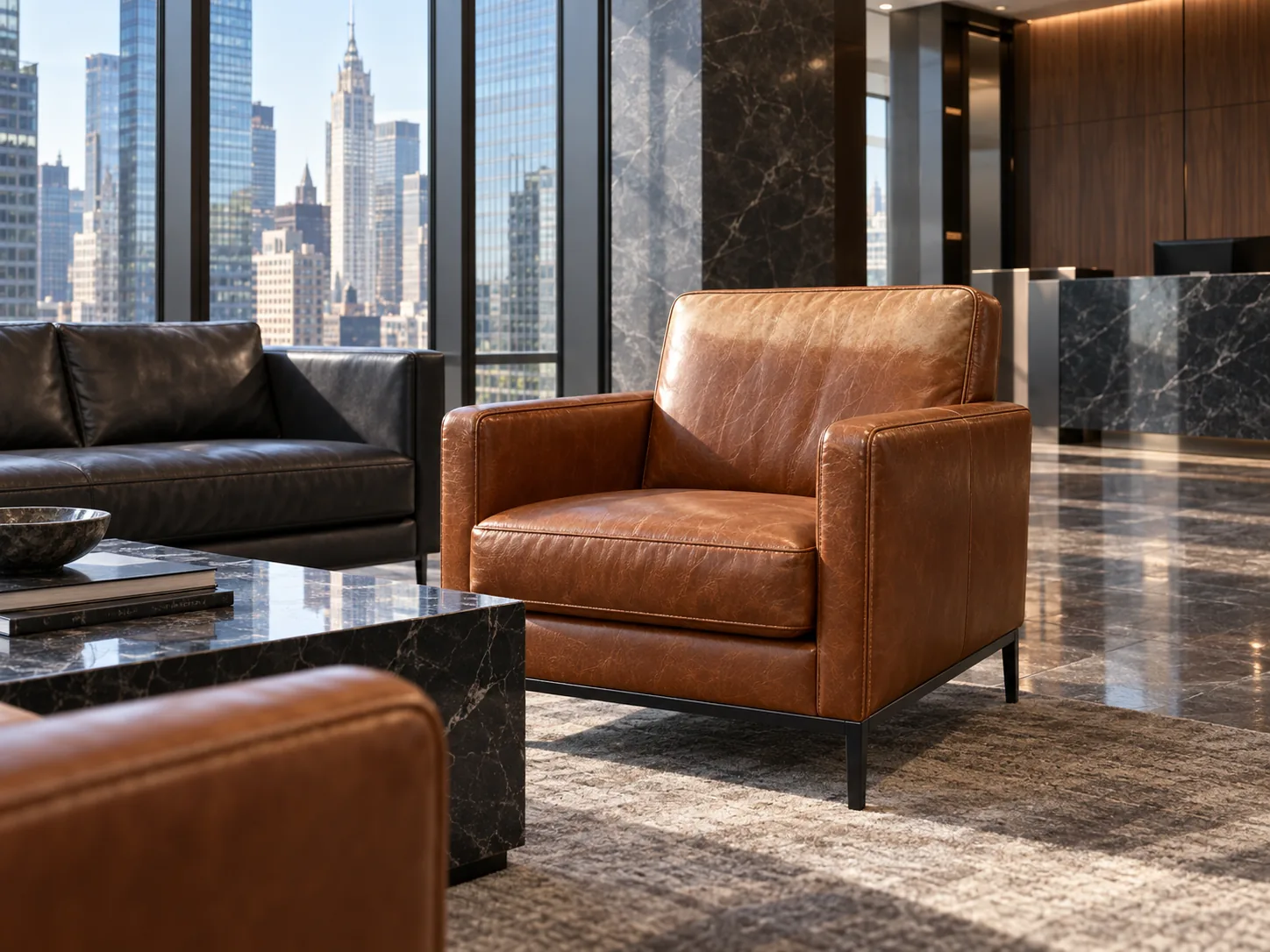 Leather lounge chair by a lobby window