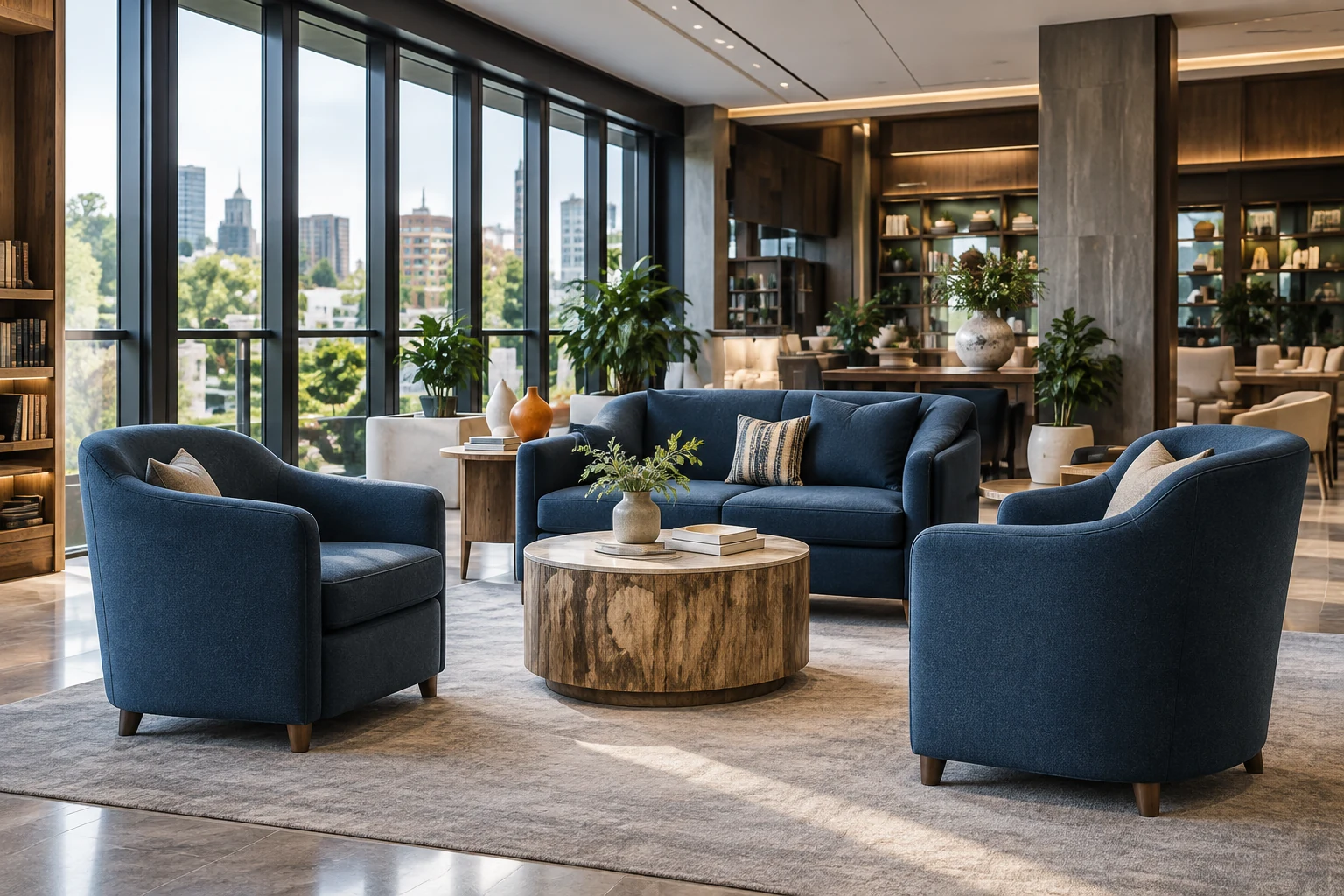 Navy woven fabric tub chairs beside a round wood table in an office lobby