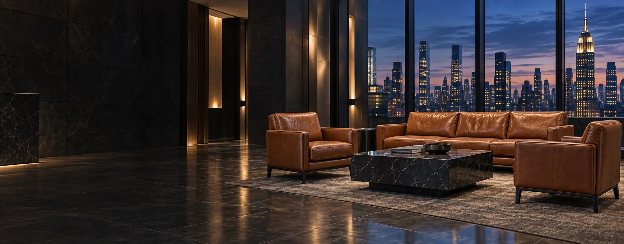 An NYC office lobby at night with restored cognac leather seating by the windows