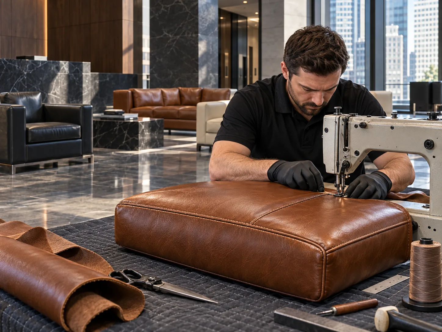 Sewing a new leather ottoman top