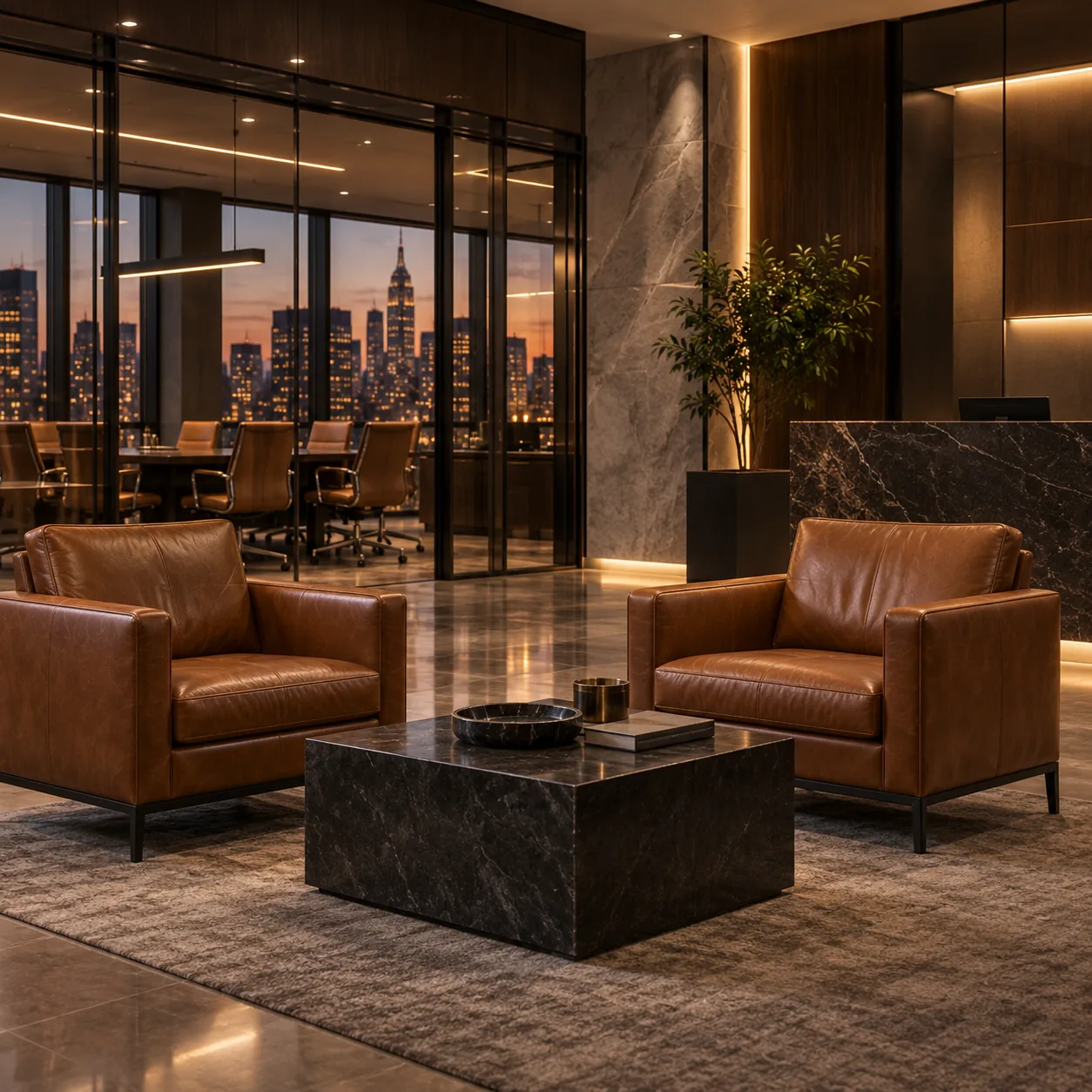 Two cognac leather lounge chairs around a marble table in an office reception lobby