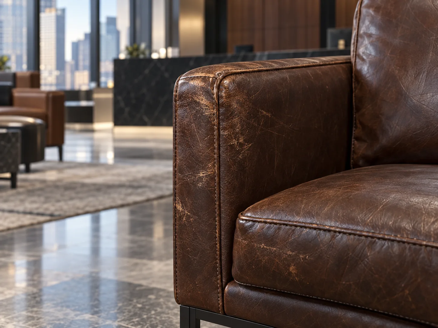 Deep scuffs and scratches on a dark brown leather lobby sofa arm