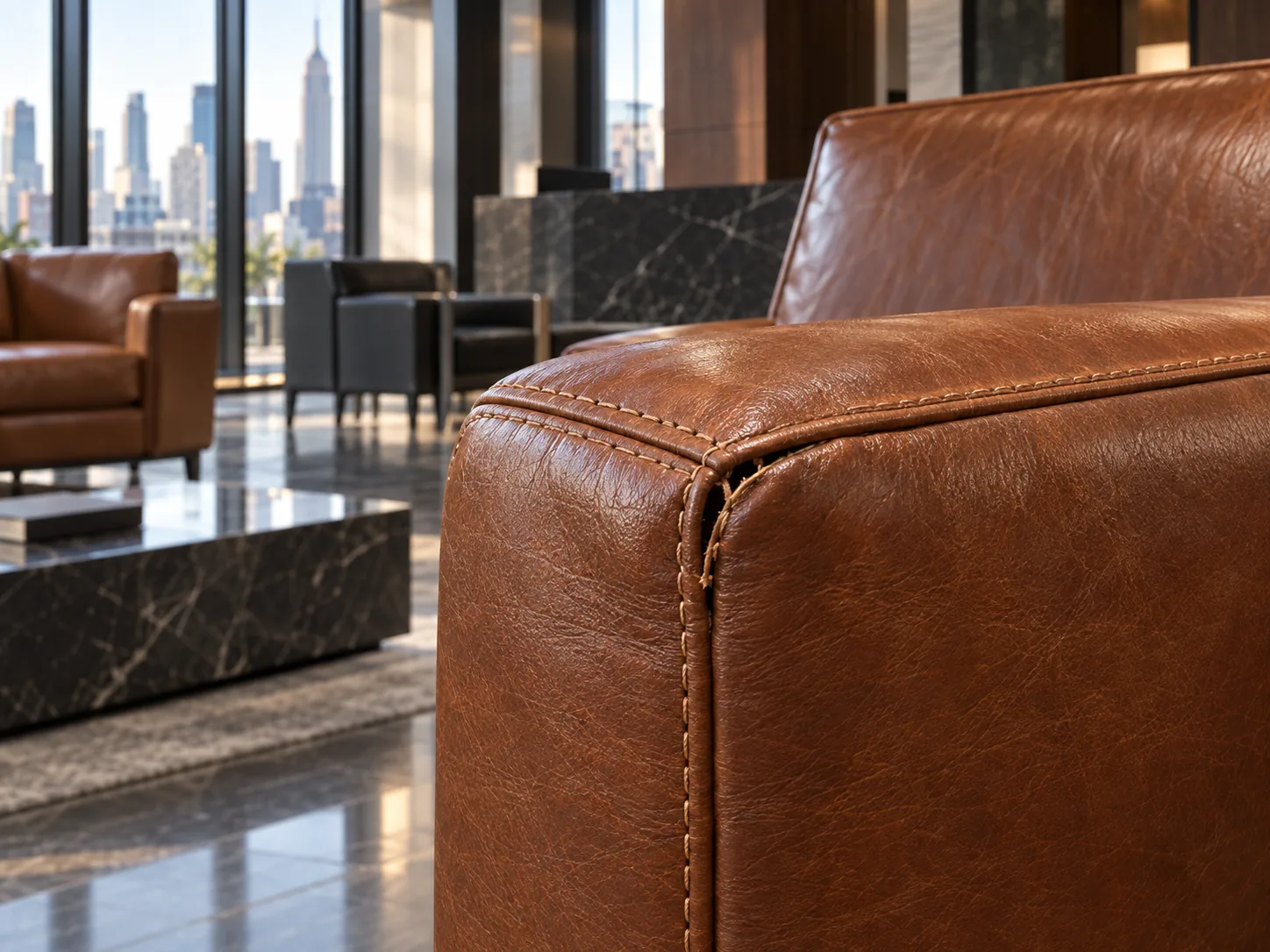 An open seam at the front corner of a leather lobby sofa arm