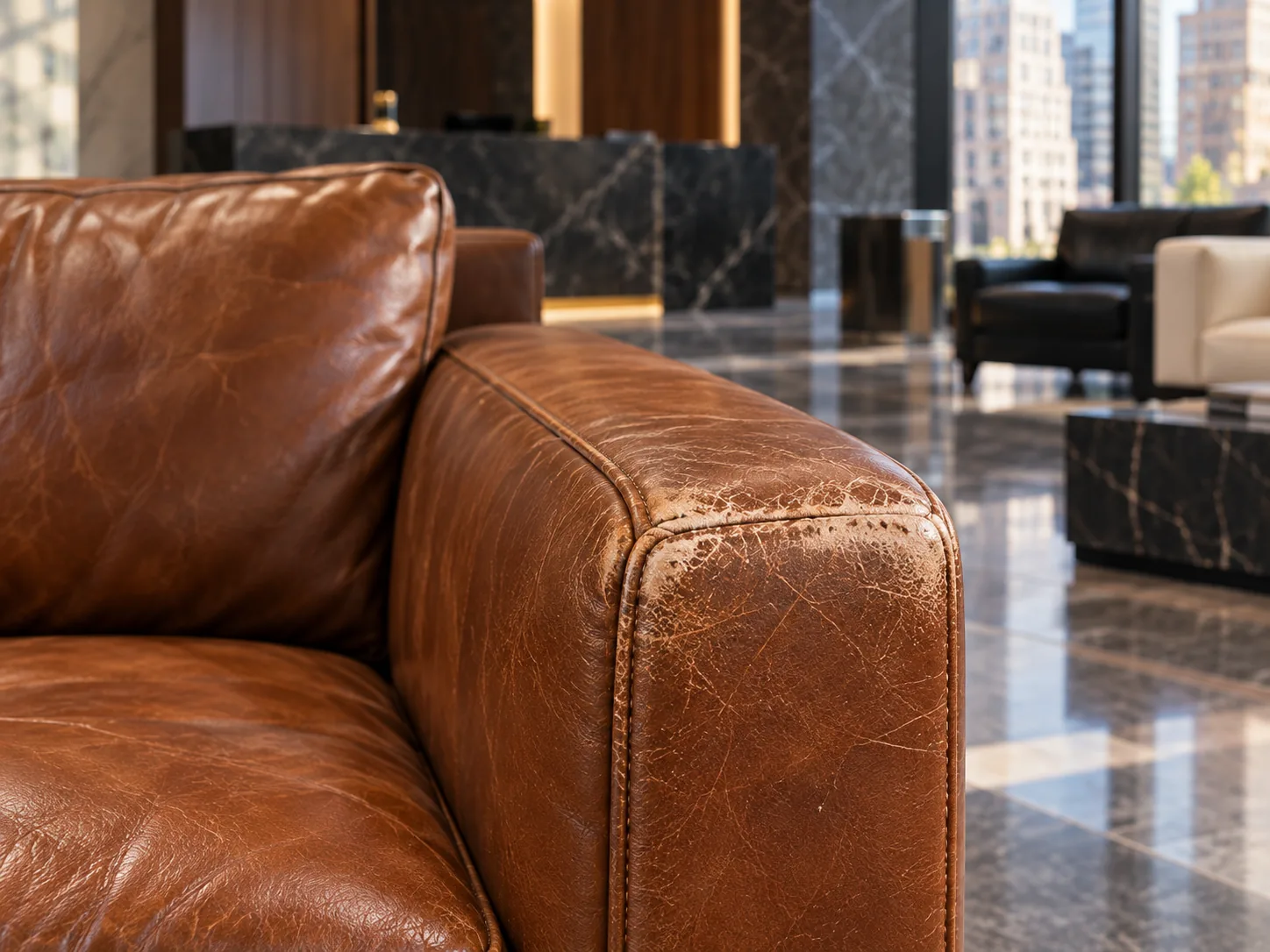 A worn, discolored cognac leather arm on an office lobby sofa