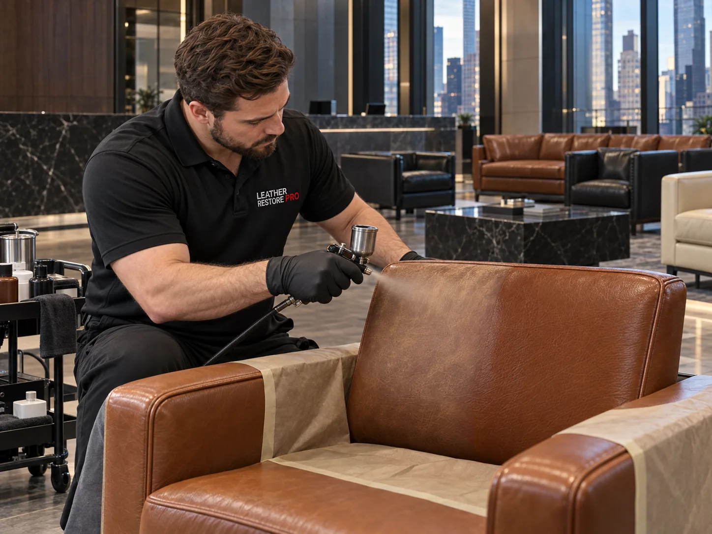 Technician spraying color on a leather chair
