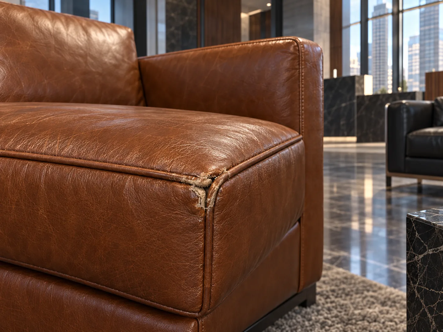 Torn welt at a lobby sofa cushion corner