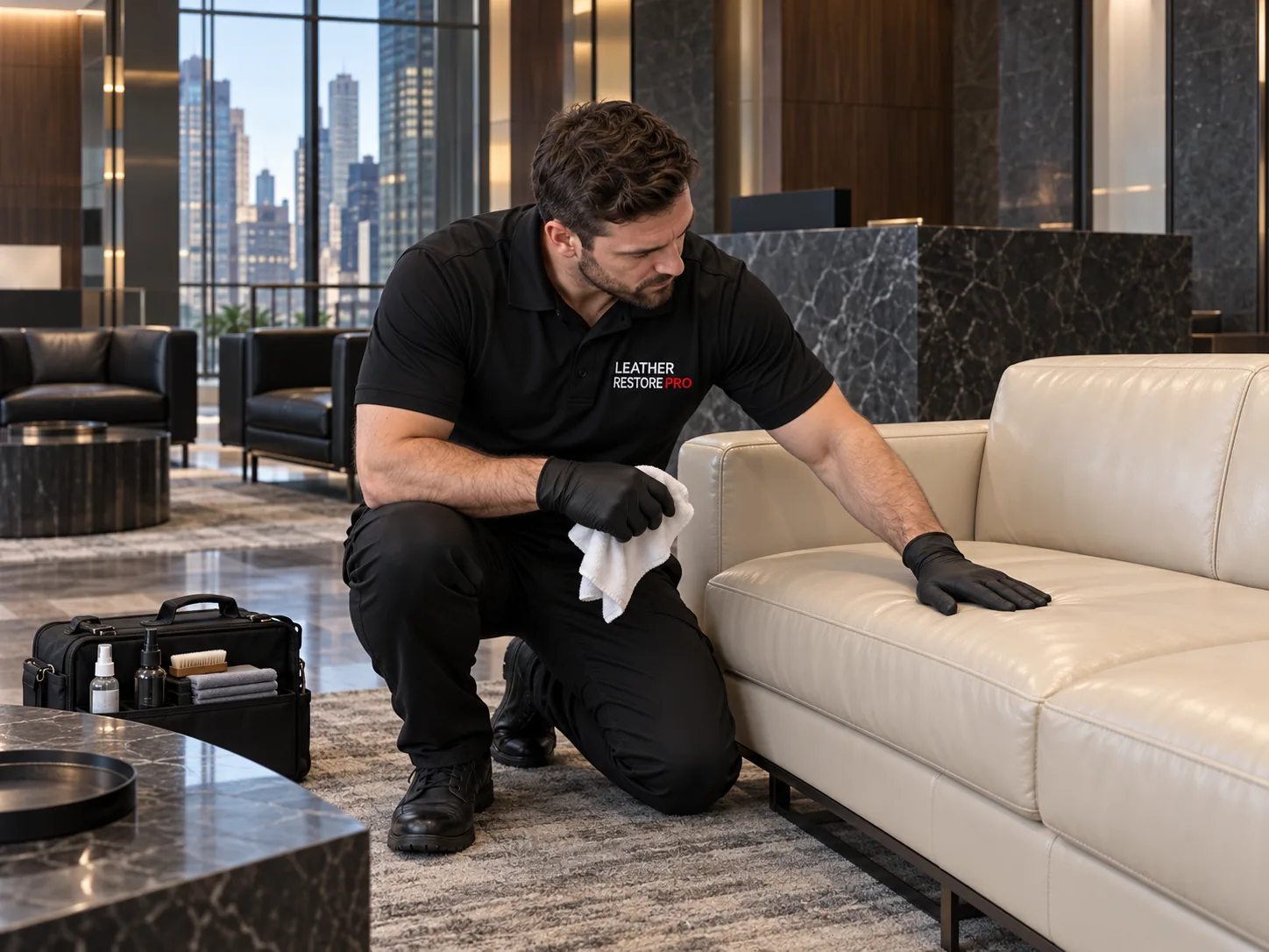 Final inspection of a restored lobby sofa