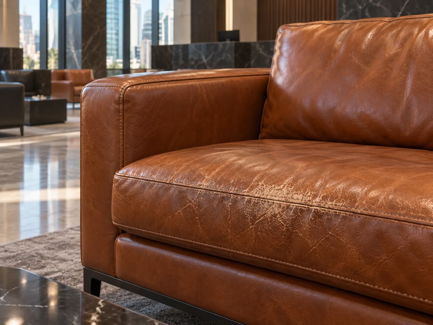 A cracked, dry leather seat cushion on an office lobby sofa