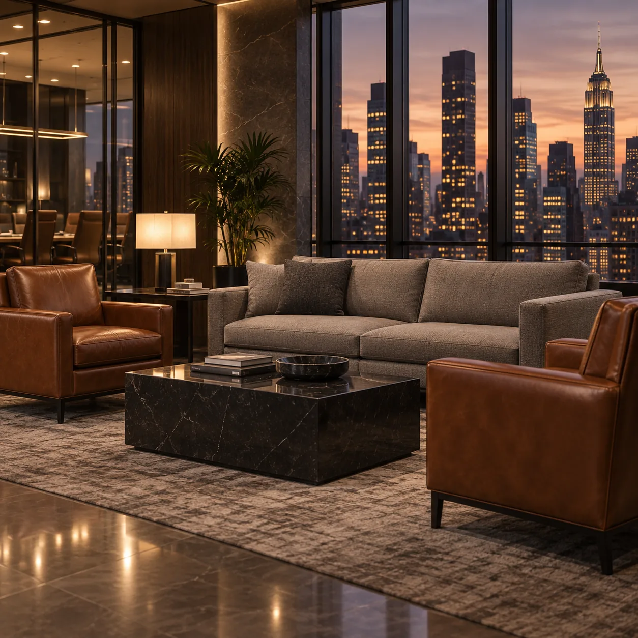 A gray fabric sofa between cognac leather armchairs in an office lounge