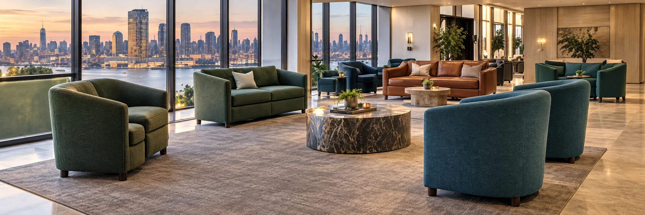 Green leather tub chairs in an office lounge with a skyline visible through full-height glass