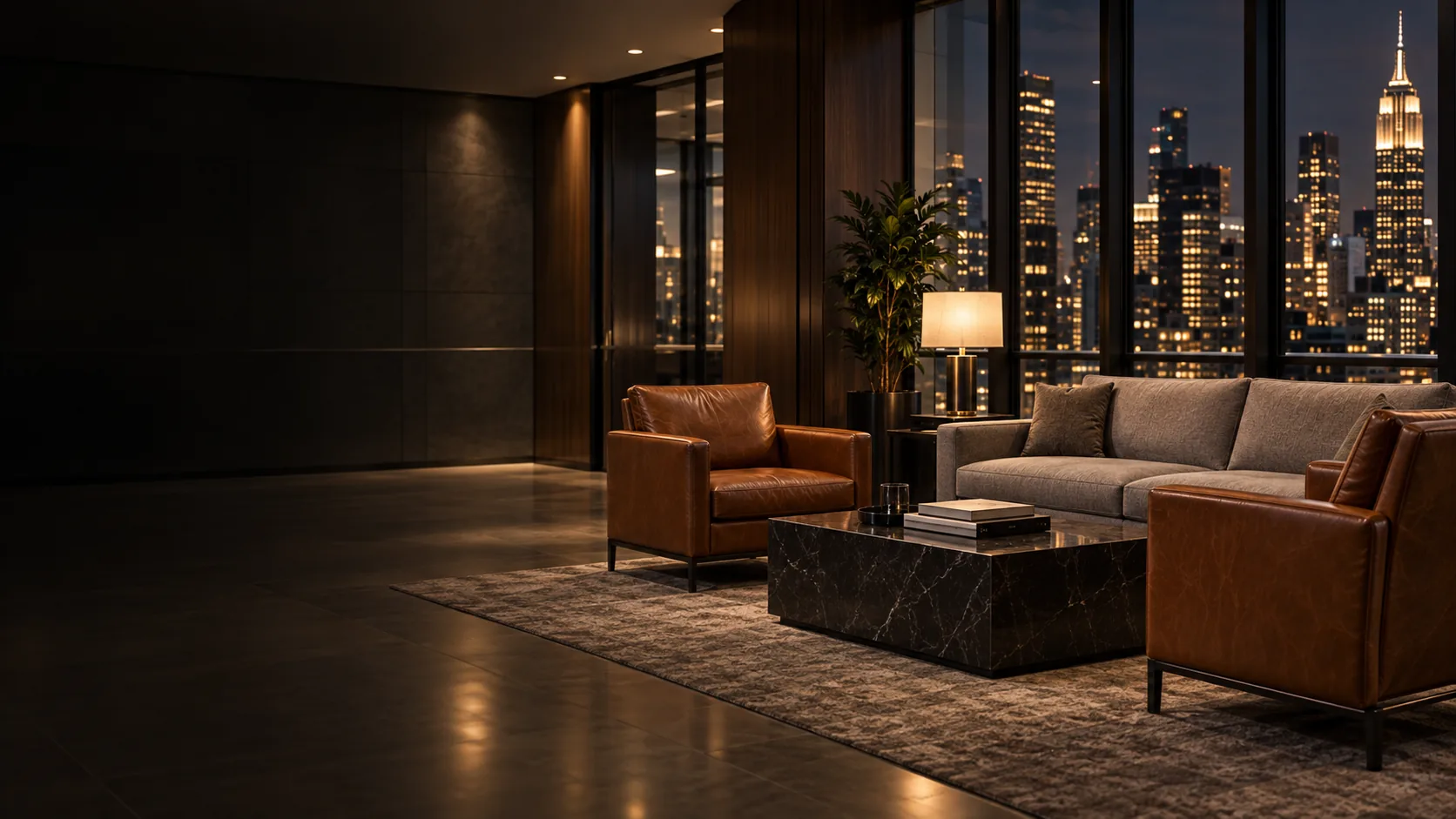 Office lounge with leather seating and an evening skyline