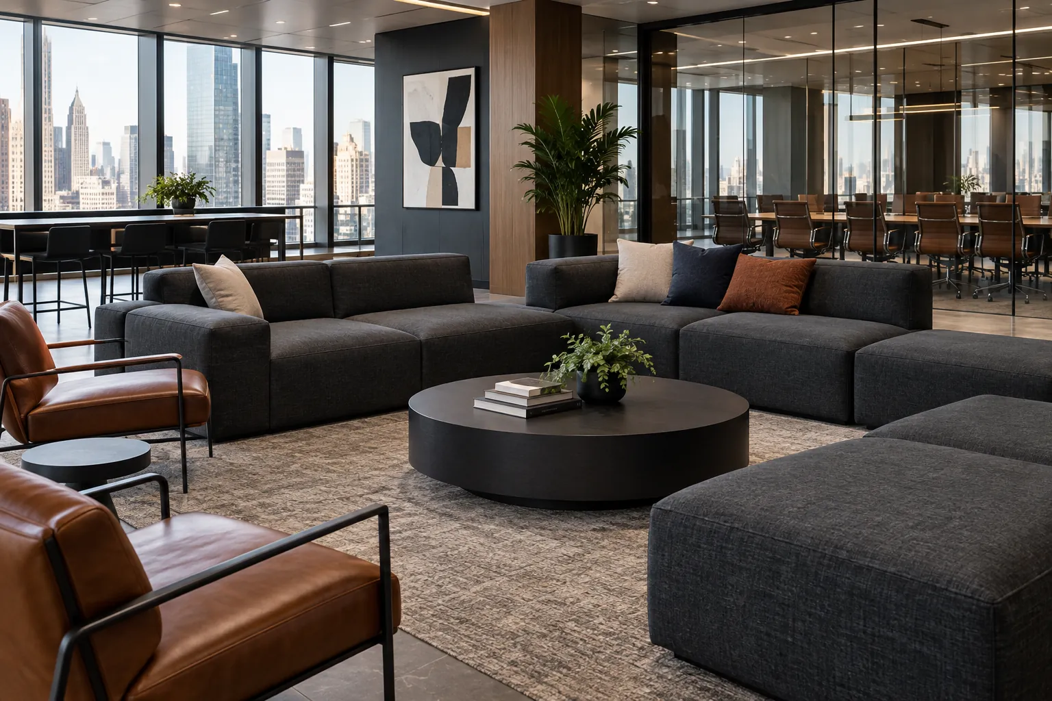 A fabric sectional in an office lounge
