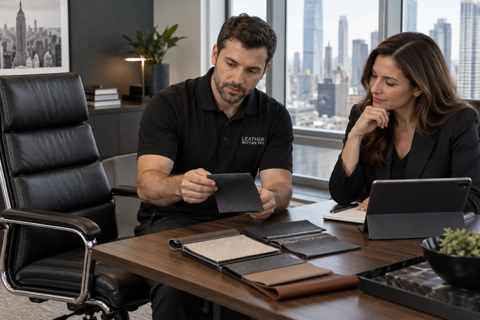 A technician reviews options with an office client