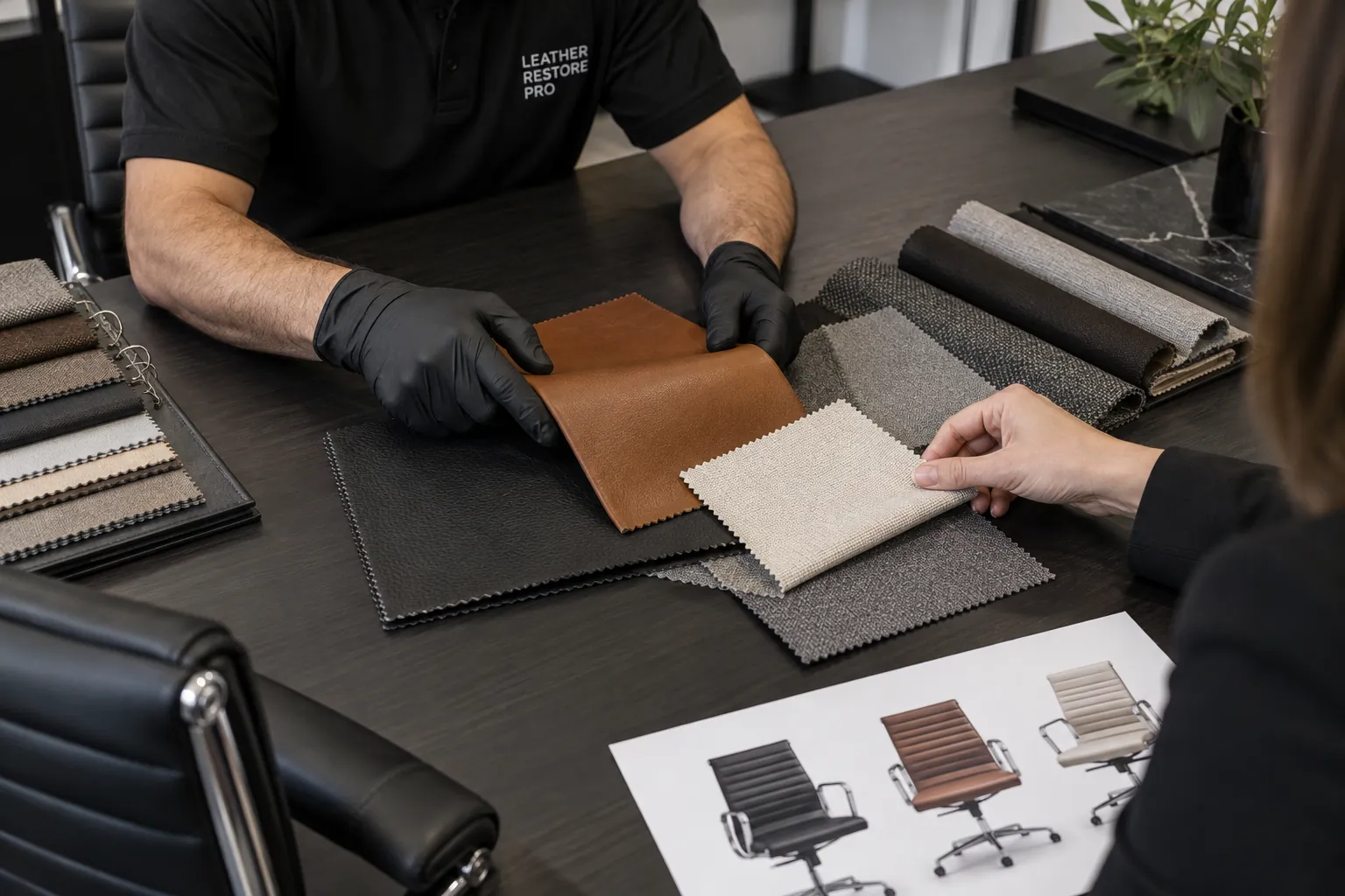 Leather and fabric samples laid out for selection