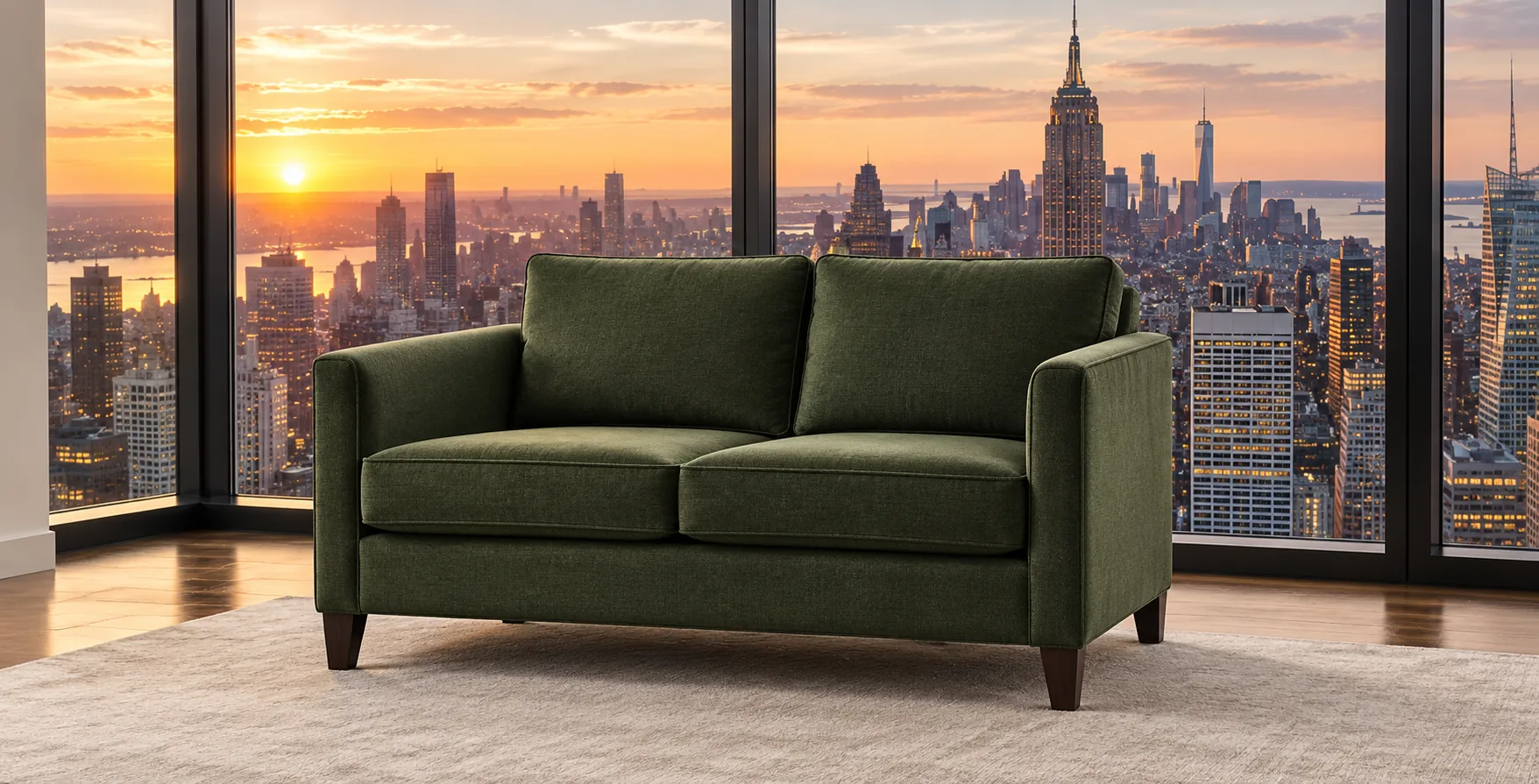 Olive fabric loveseat against a Manhattan skyline at sunset