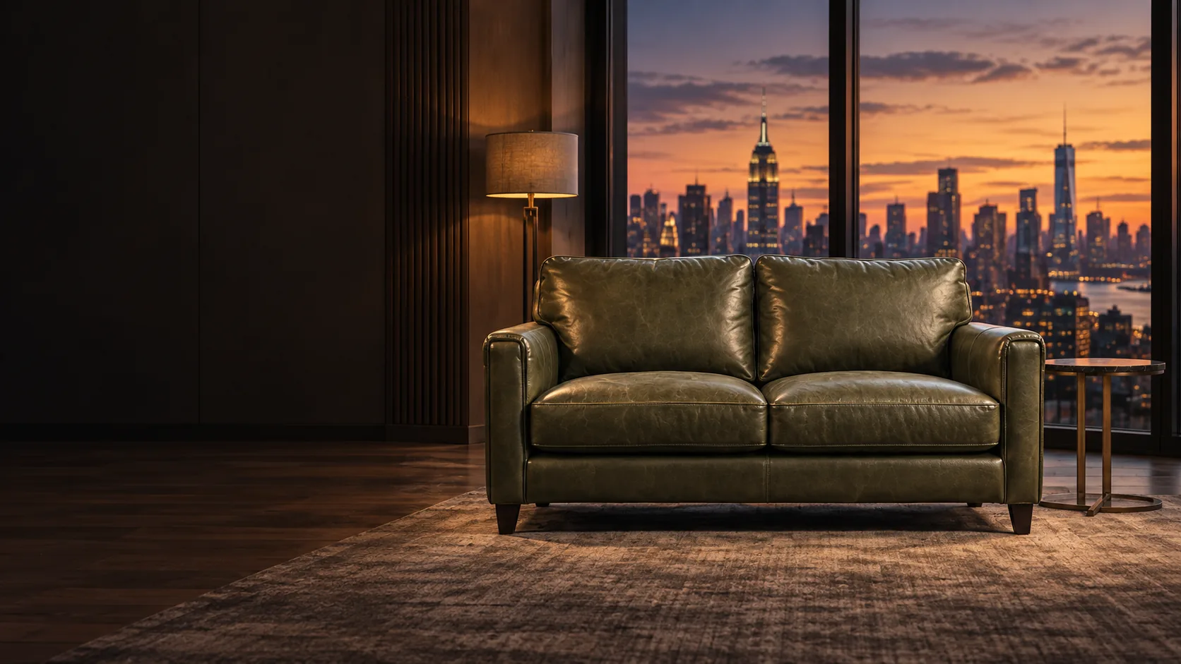 Leather loveseat repair in NYC: olive leather two-seater in a dark apartment against the Manhattan skyline at dusk
