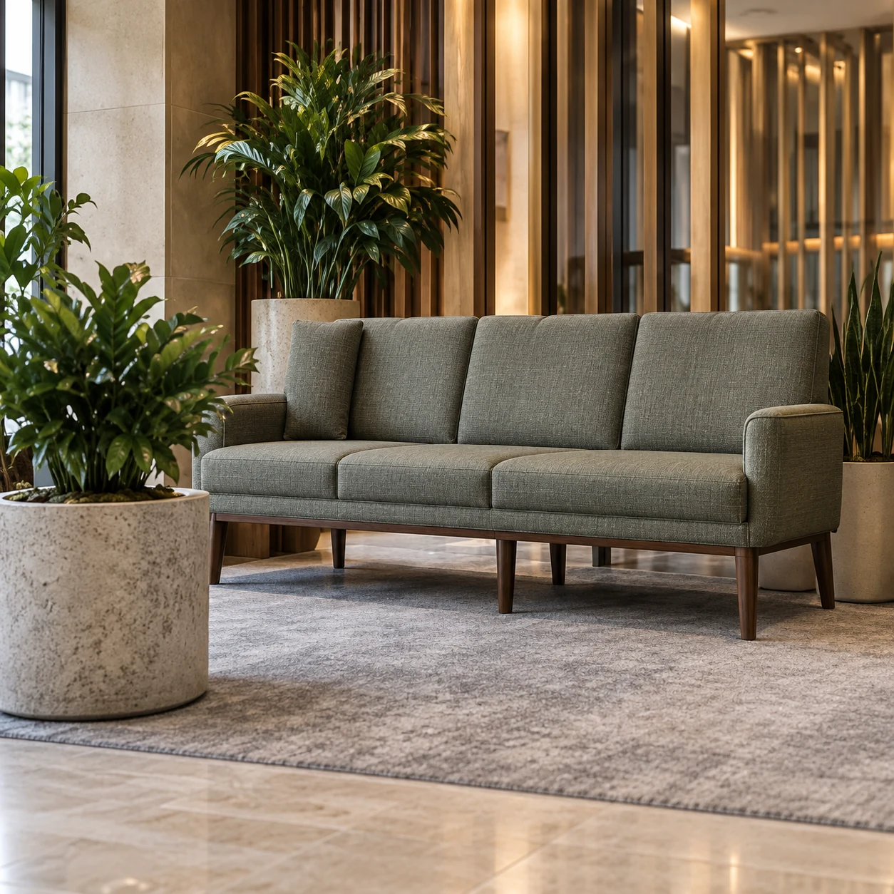 Sage fabric sofa on wood legs