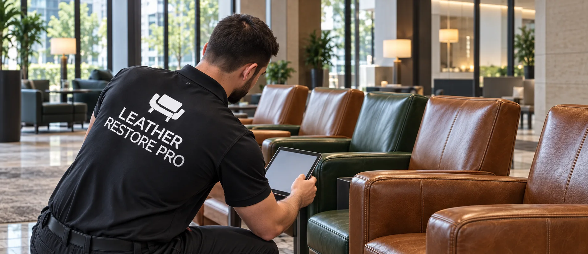 Technician servicing a row of leather lounge chairs on site