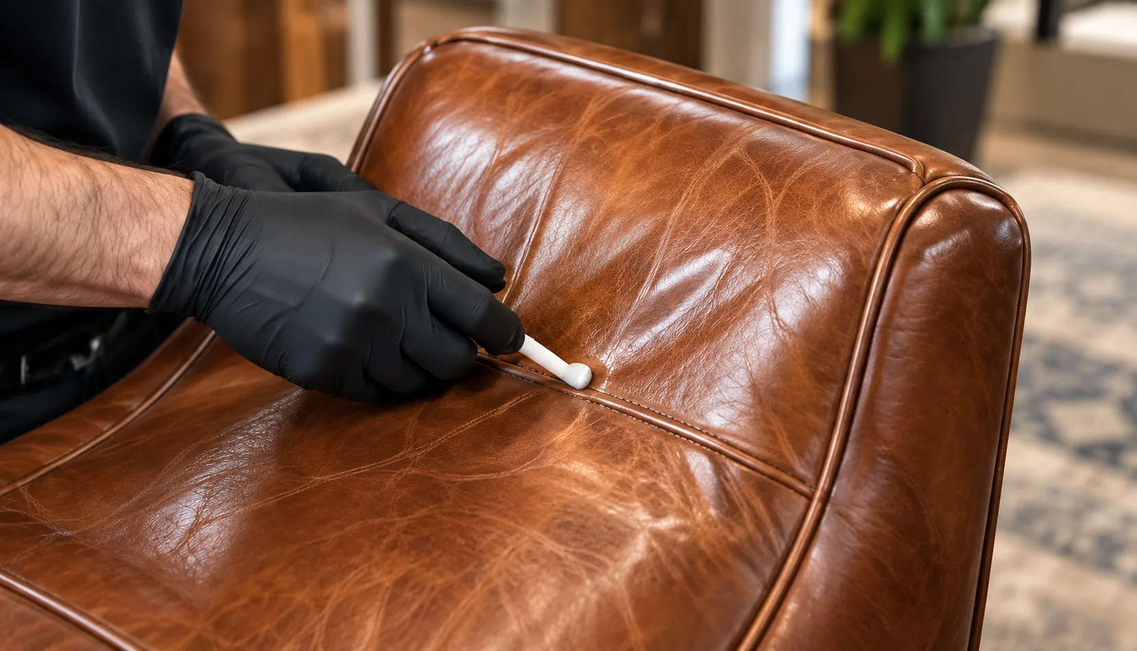 Gloved hand repairing a cognac sofa arm