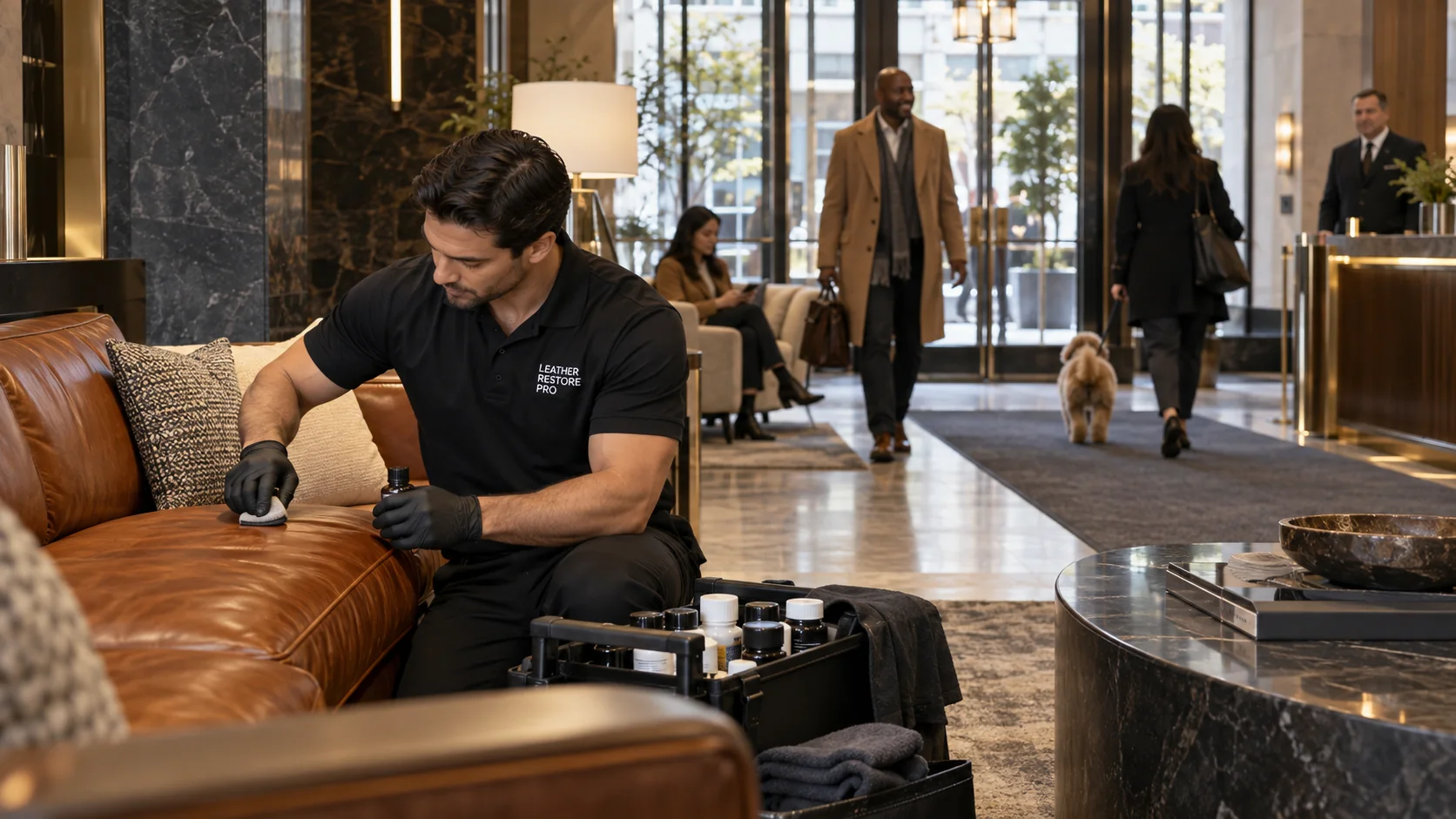 A technician repairing a leather sofa while residents pass through the lobby