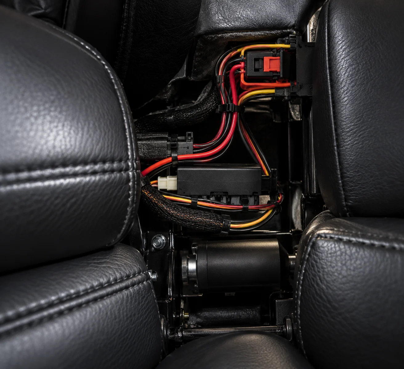 Open home theater seat console showing the wiring loom, connectors, control box and recline motor
