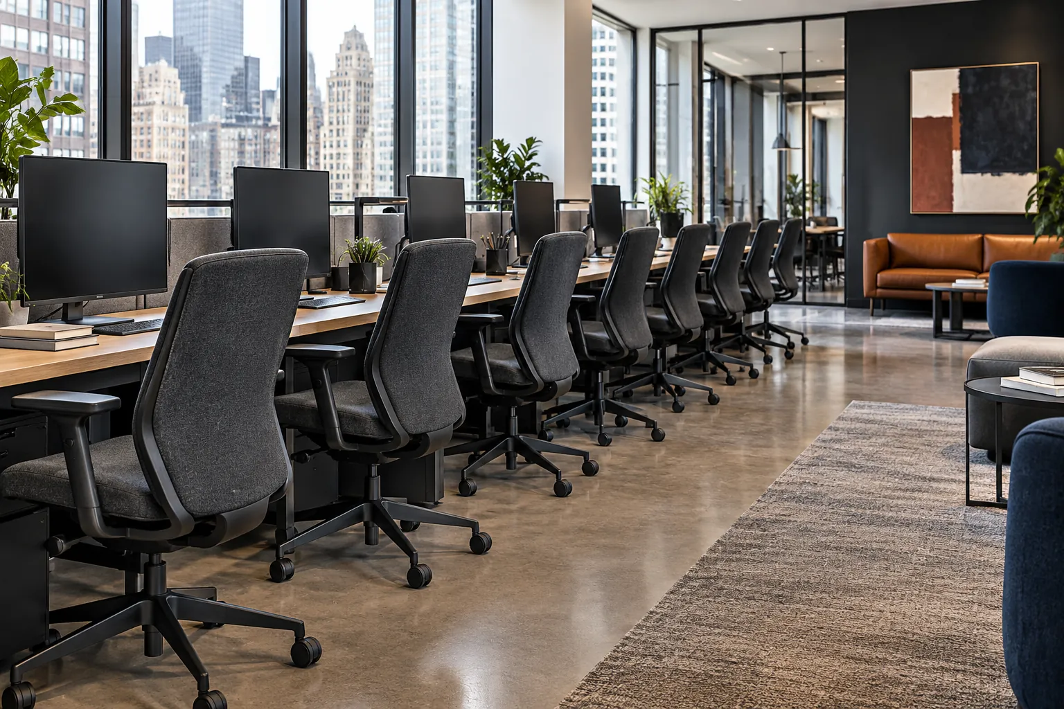 Row of task chairs in an open office