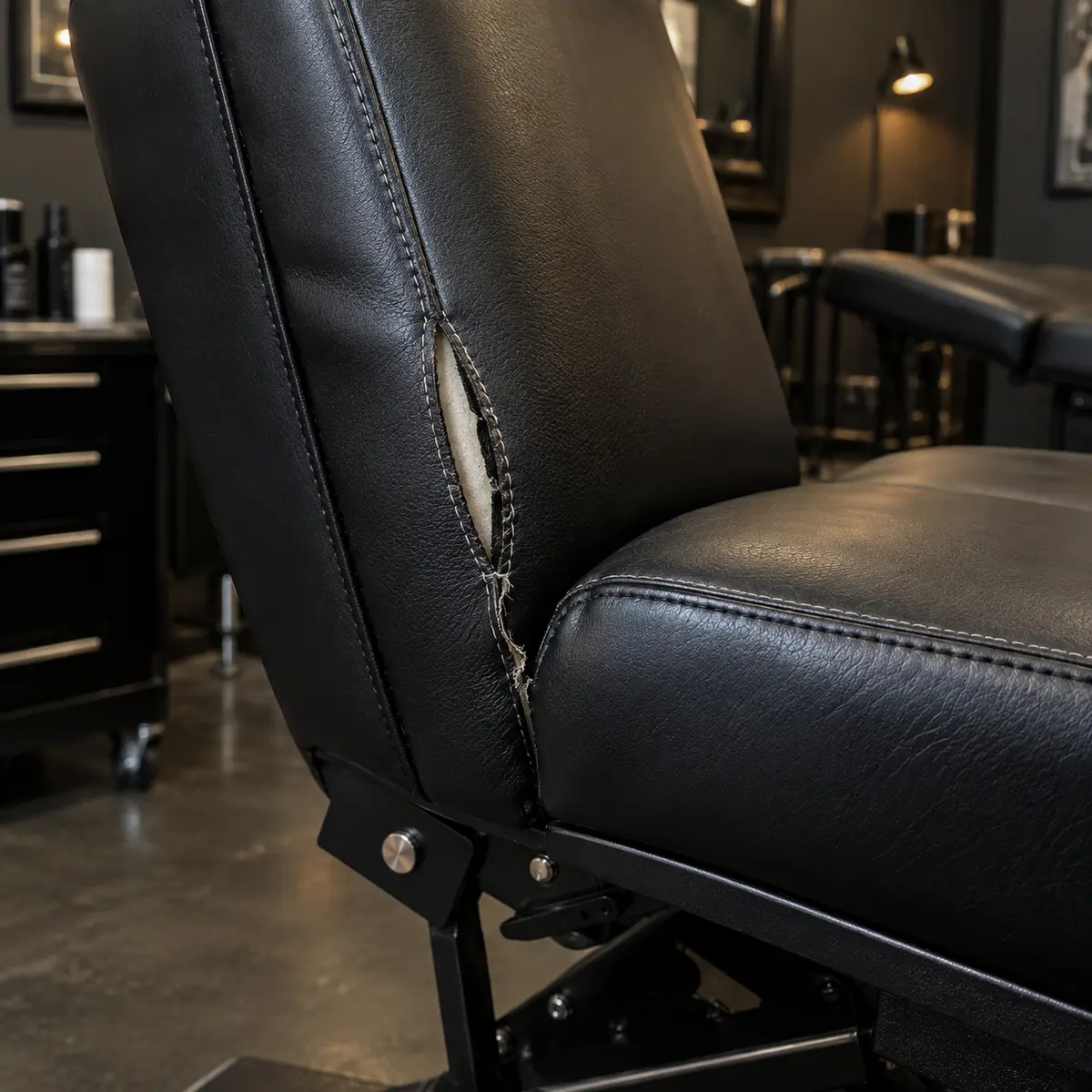 An opened seam on the back of a black tattoo chair