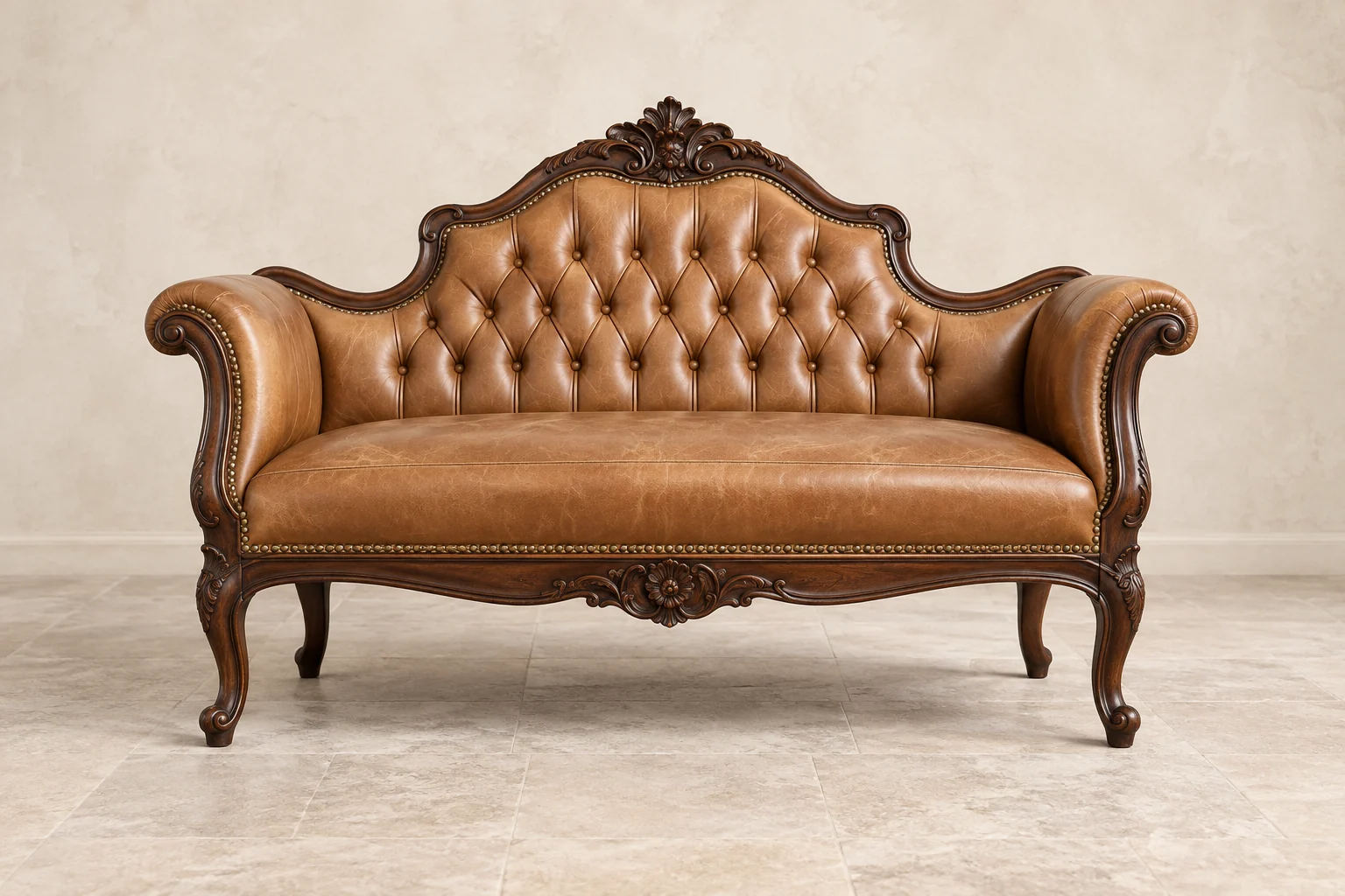 Ornate Victorian tufted settee with a carved crown and cabriole legs