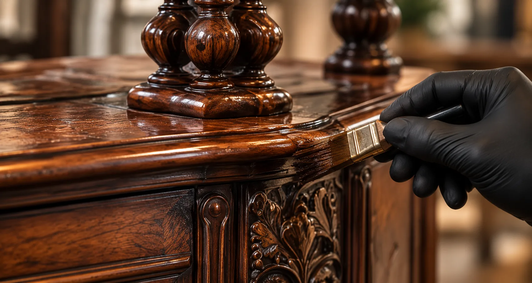 Gloved hand restoring the finish on an ornate carved walnut sideboard