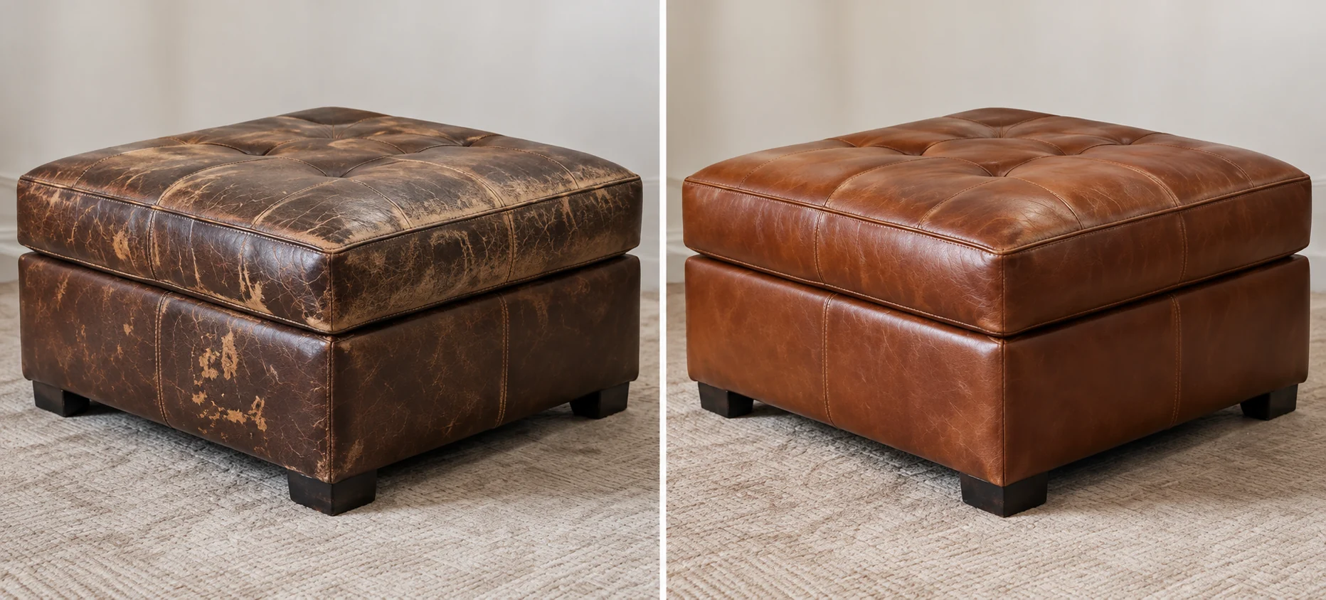 Faded leather ottoman before and after