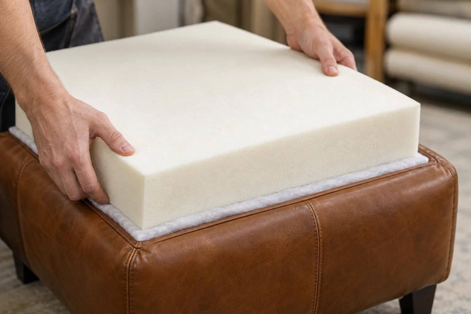 Hands lifting a new cream foam slab off a brown leather ottoman base