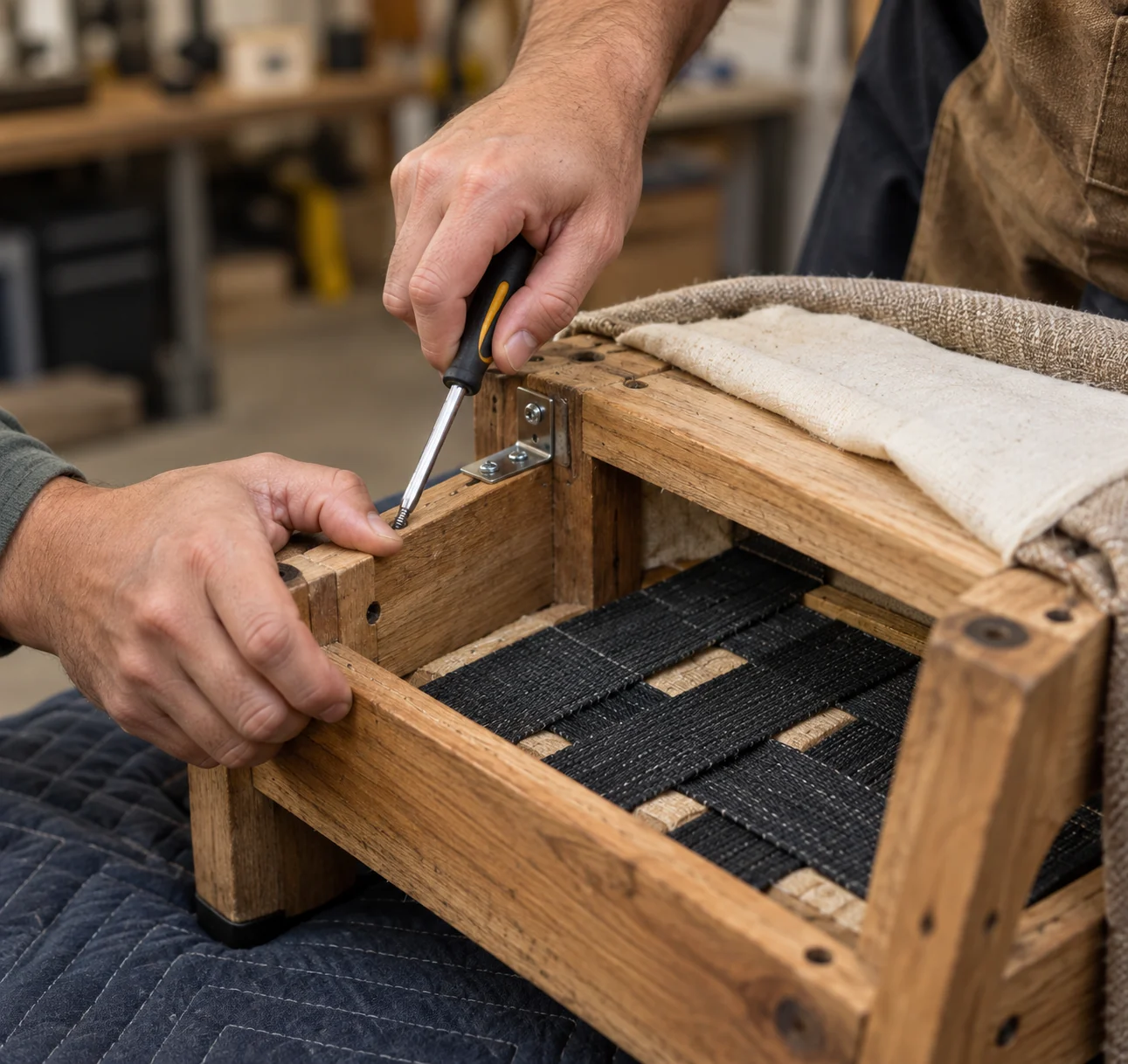 Hands driving a screw into a steel corner bracket on a bare wooden ottoman frame