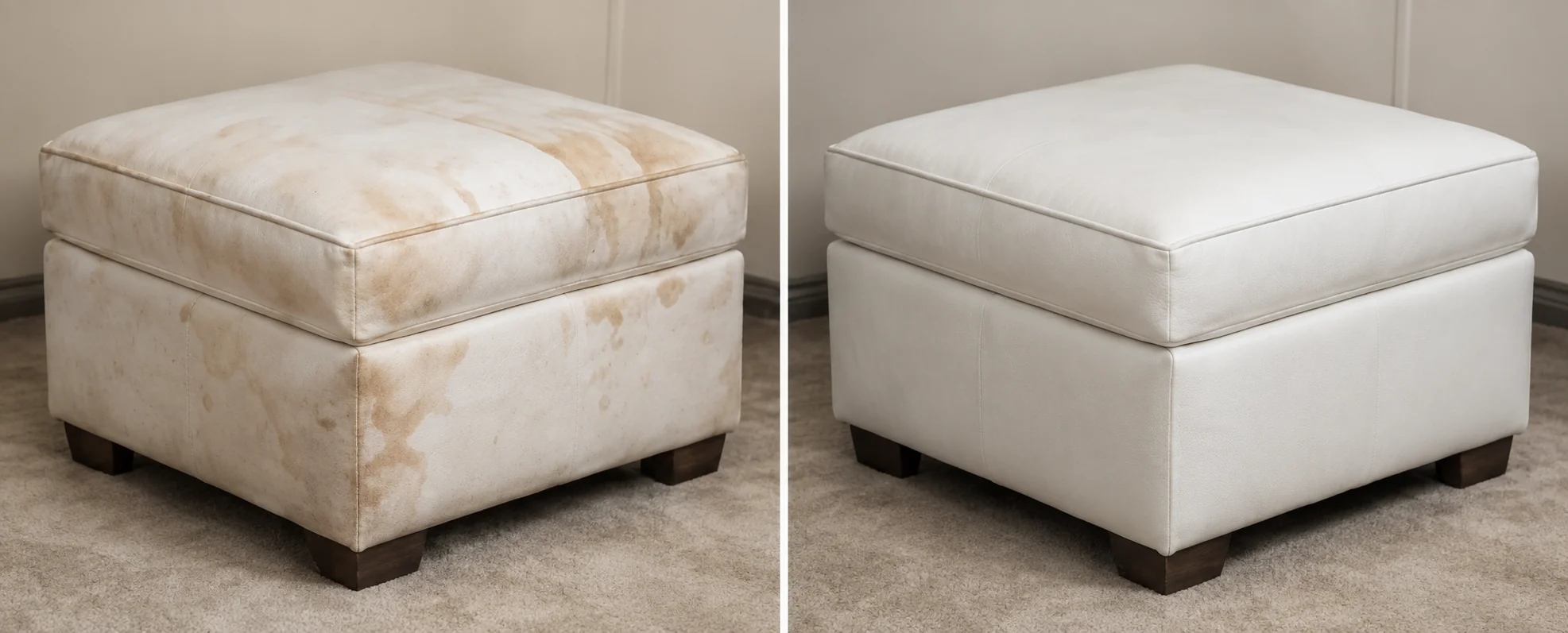 Before and after: a cream leather ottoman heavily stained on the left, clean and even on the right