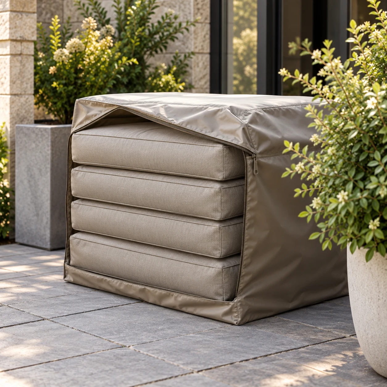 Outdoor cushions stacked and sheeted under a fitted protective cover on a terrace