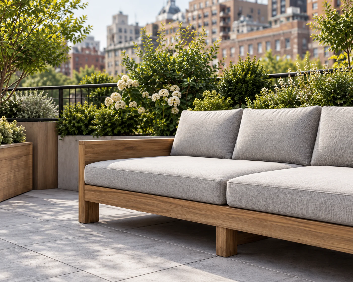 Poolside lounger with grey cushions among planting and city buildings