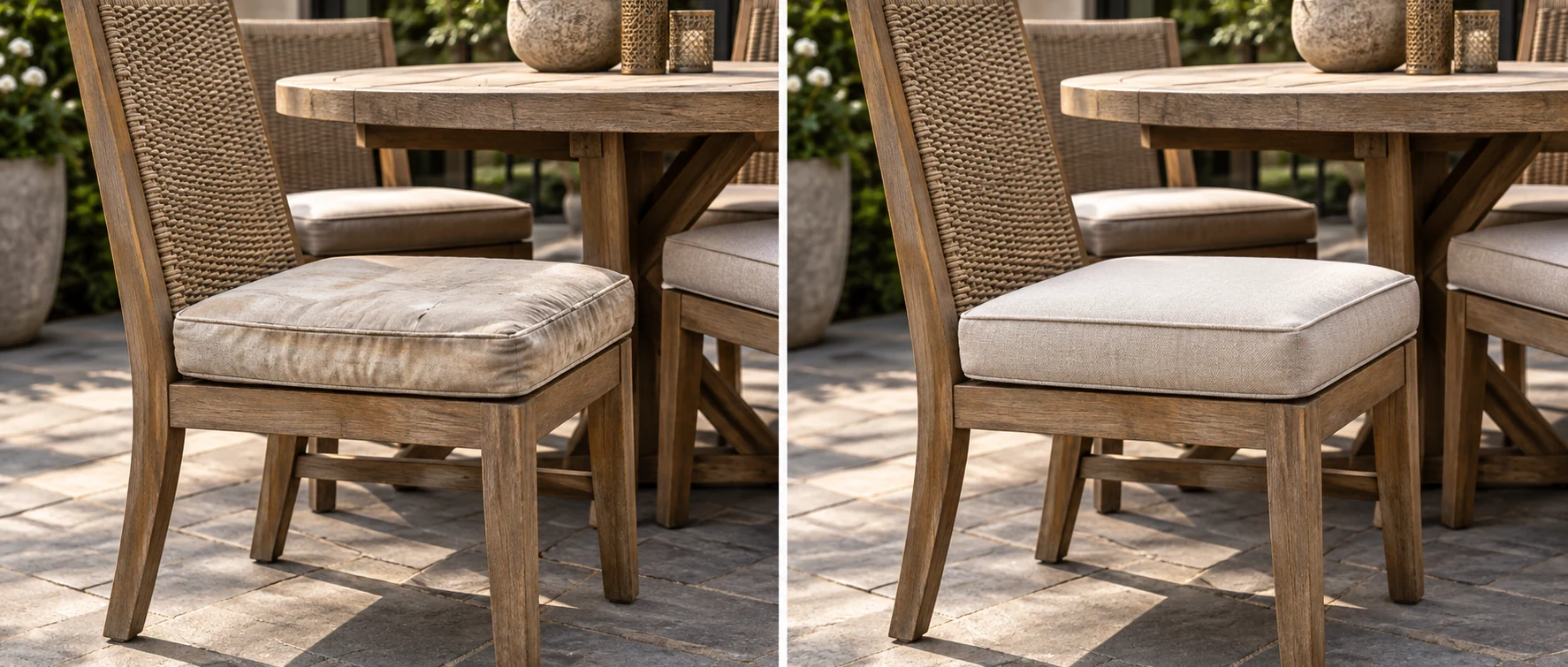 Before and after of an outdoor dining chair seat pad, creased and compressed then rebuilt and plump