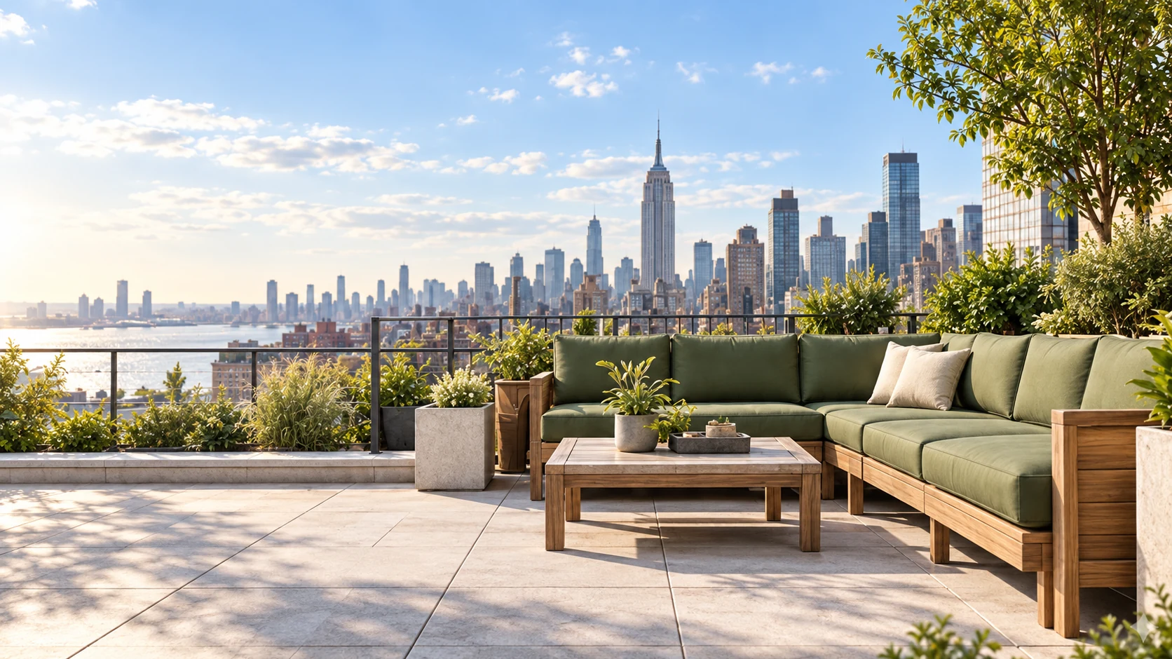 Outdoor furniture cushion replacement NYC: a teak rooftop sectional carrying new sage-green cushions on a Manhattan terrace above the skyline