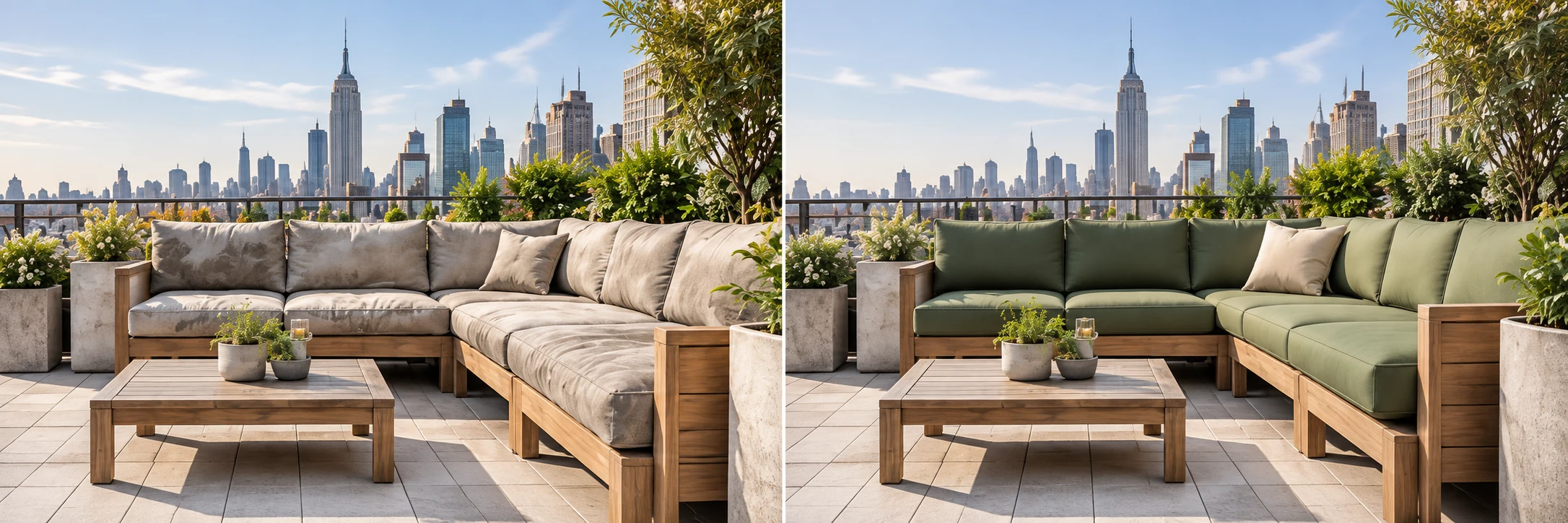 Outdoor furniture cushion replacement NYC before and after: the same rooftop teak sectional with faded flat beige cushions, then with new sage-green cushions