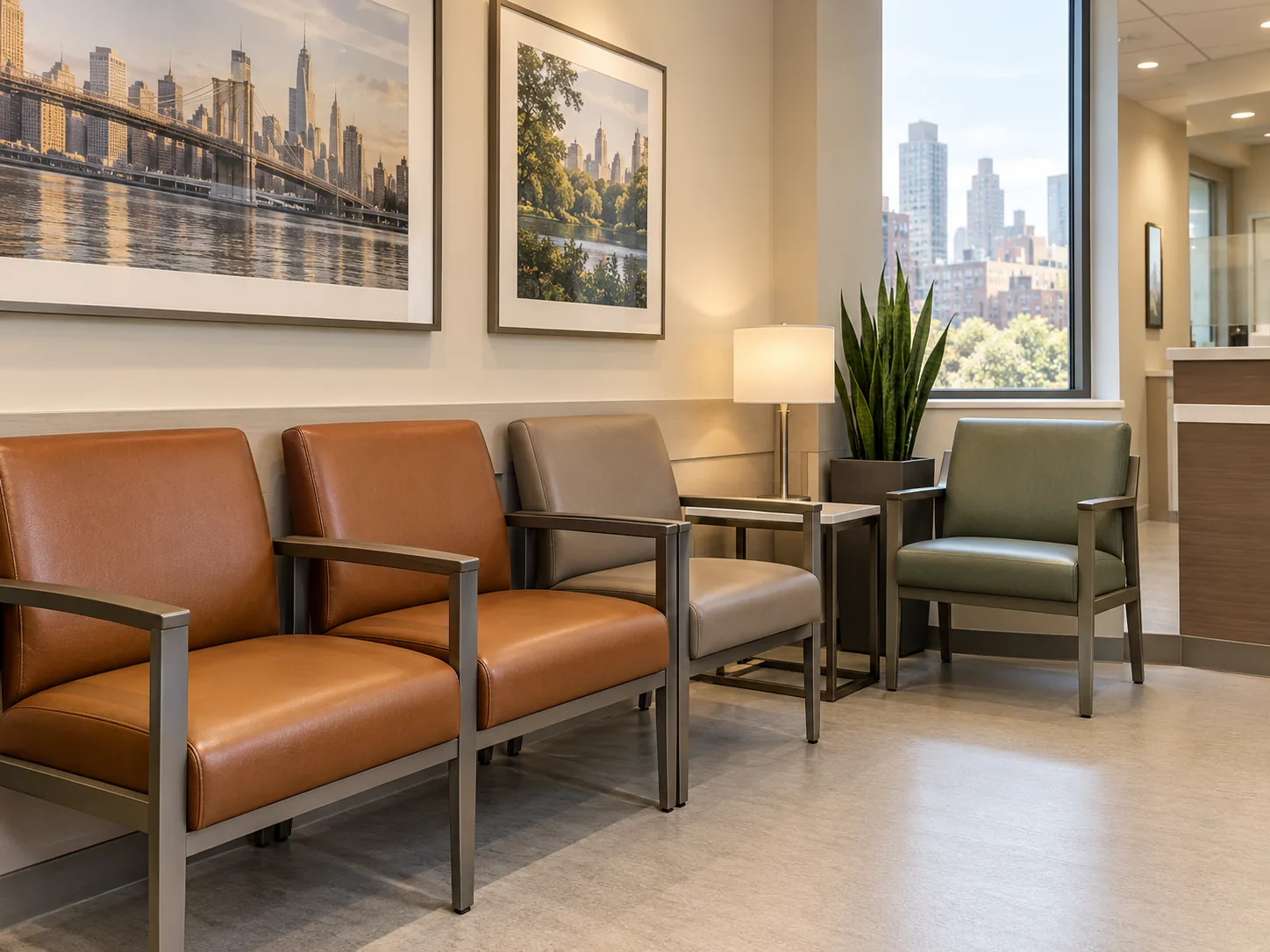 An outpatient center waiting room with cognac, taupe and sage upholstered chairs