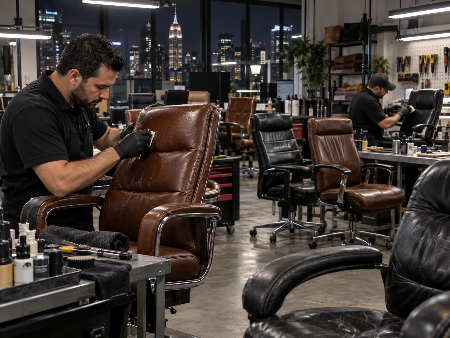 Office chairs being repaired in a workshop