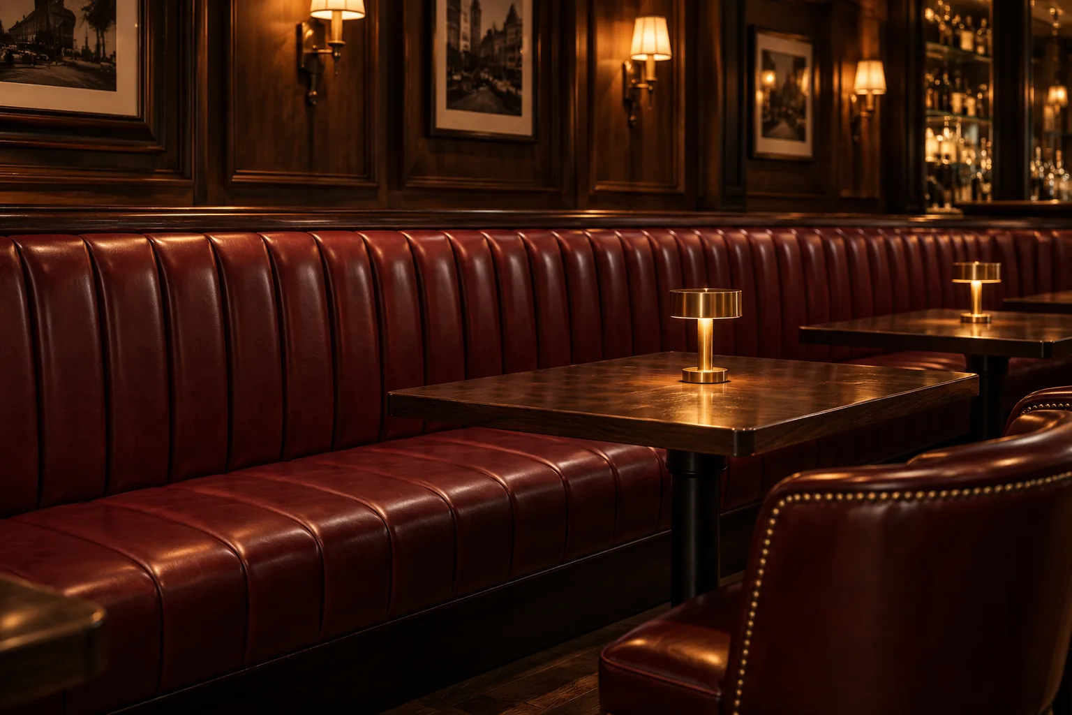 Oxblood channel-tufted leather banquette running along a paneled bar wall