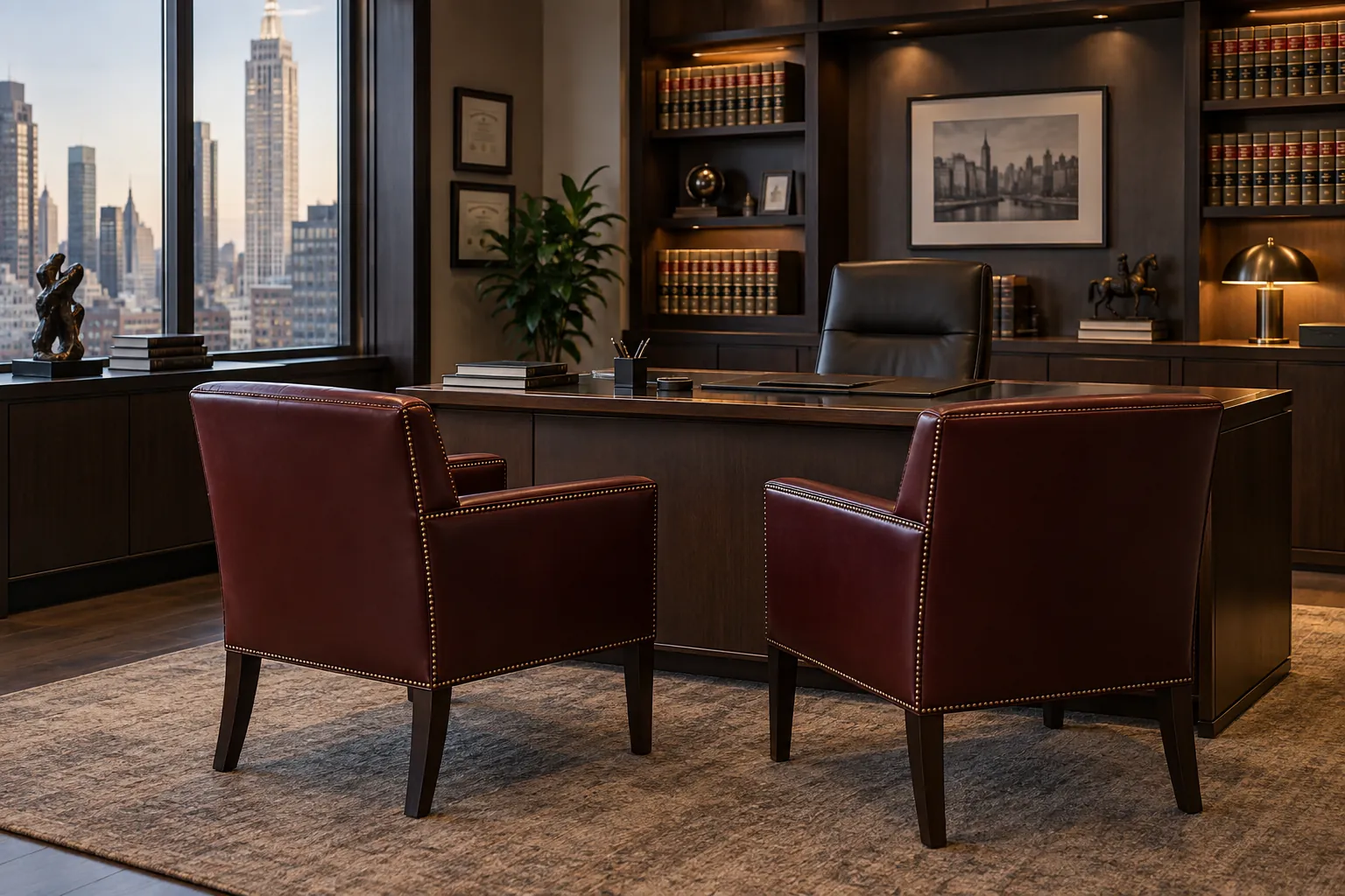 Oxblood leather guest chairs in an executive office